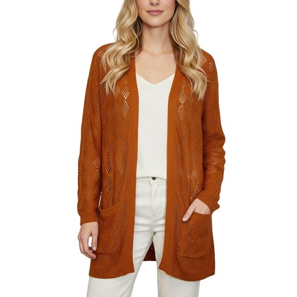 Market & Spruce Cecily Pointelle Open Knit Duster Cardigan Orange NWT Medium - Picture 1 of 10